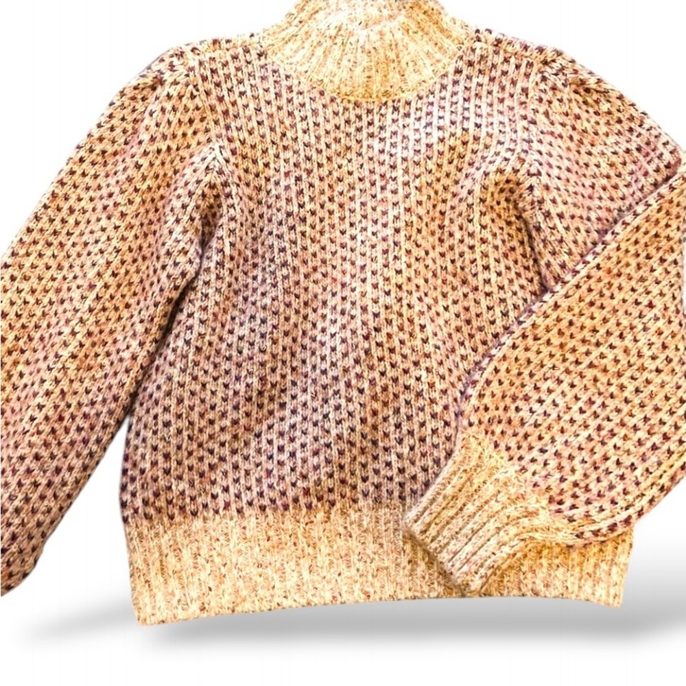 CeCe Marled Knit Mock Neck Sweater Large Chunky Jacquard Blouson Sleeve‎